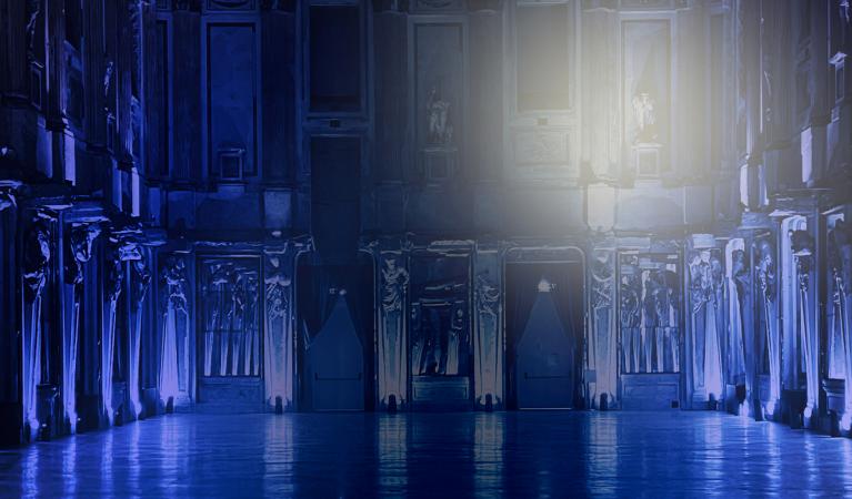 Marco Nereo Rotelli, "Experiri | Falso Autentico", installazione luminosa per Sala delle Cariatidi, rendering, 2021