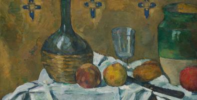 Paul Cézanne. Fiasco, bicchiere e vasellame ( Fiasque, verre et poterie ) , c . 1877 Olio su tela