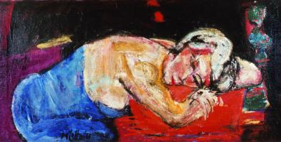 Guido Pajetta Donna dormiente su tavolo rosso 1961 olio su tela, 50 x 100 cm